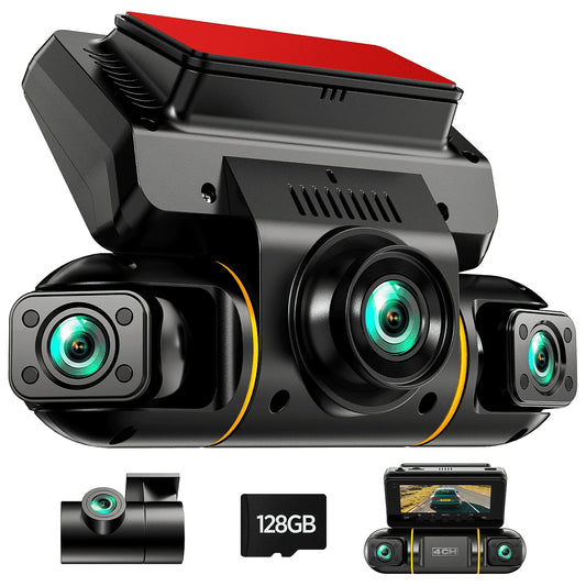 360 Degree View 4 Channel Dash Cam Front and Rear inside Left Right, Dash Camera for Cars, Night Vision, 24/7 Recording Parking Mode Monitor, G-Sensor, Free 128G Card