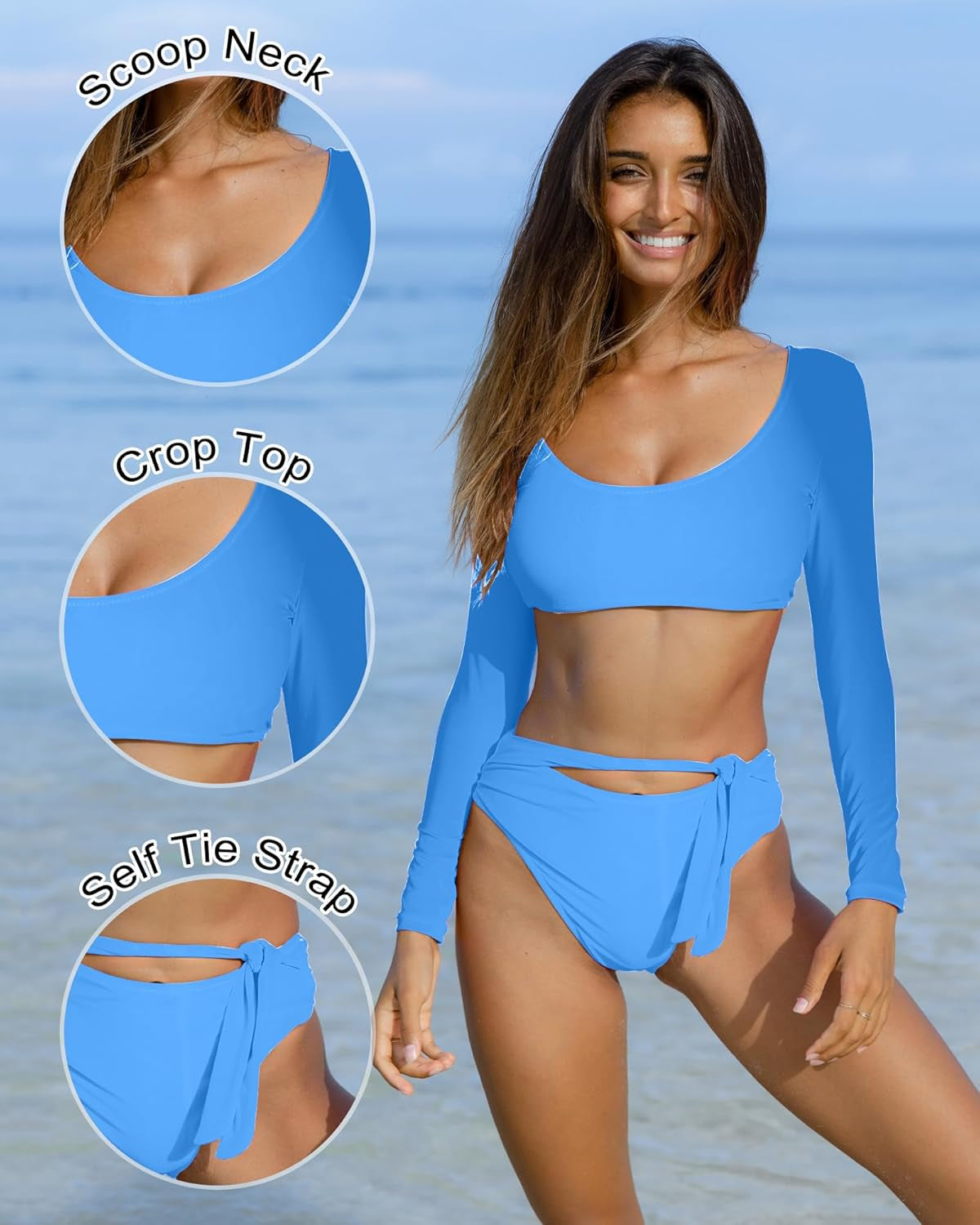 Womens Two Piece Swimsuits High Waisted Bikini Set Rash Guard Bathing Suit Long Sleeve Swimwear Crop Top Teen Girls